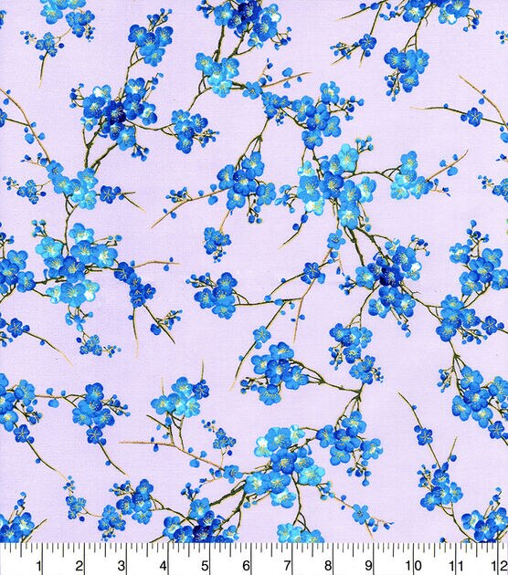 Hi Fashion Blue Floral Blossom Premium Metallic Cotton Fabric, , hi-res, image 2