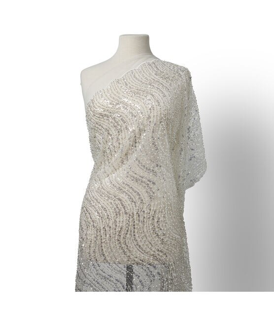 Badgley Mischka White Beaded Sequin Mesh Fabric, , hi-res, image 8