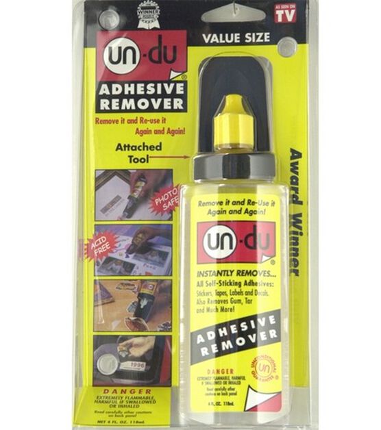 Un-Du - Adhesive Remover  Un-Du is an amazing product that can be used to  quickly and effectively remove adhesive labels or stickers - and even  bubble gum! Un-Du is acid and
