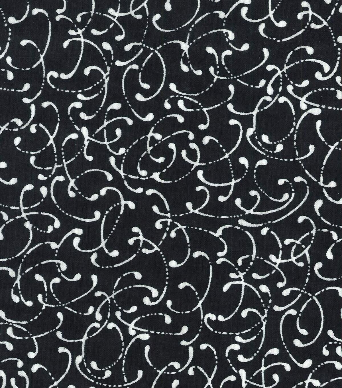 Keepsake Calico Cotton Fabric  White Scroll On Black