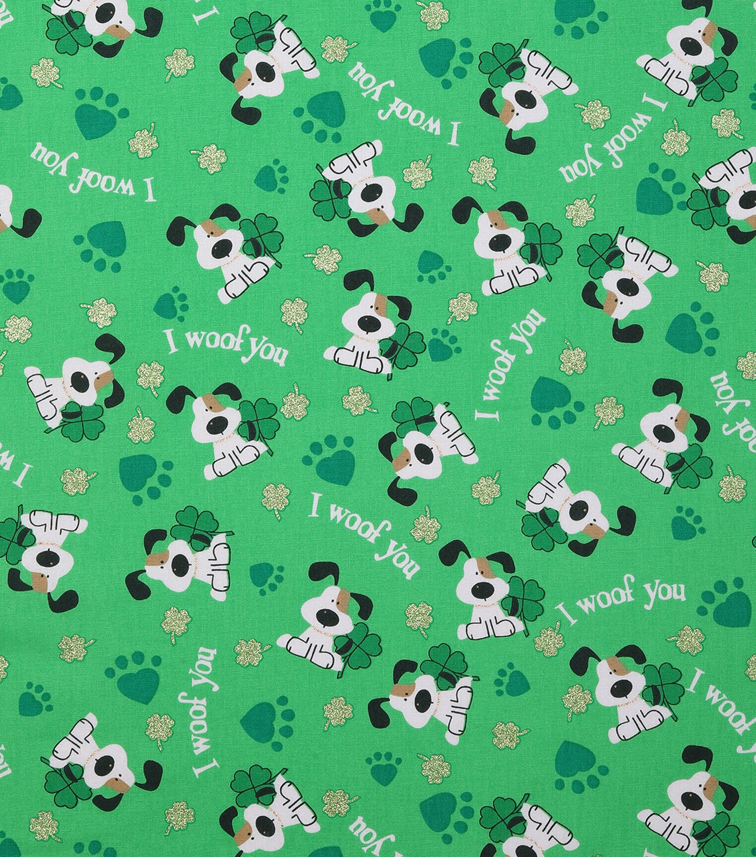 I Woof You & Glitter Shamrocks St. Patrick’s Day Cotton Fabric
