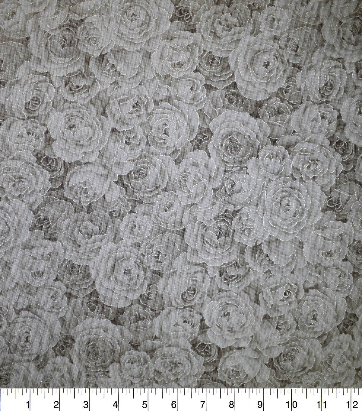 Premium Cotton Fabric Tonal White Metallic Roses