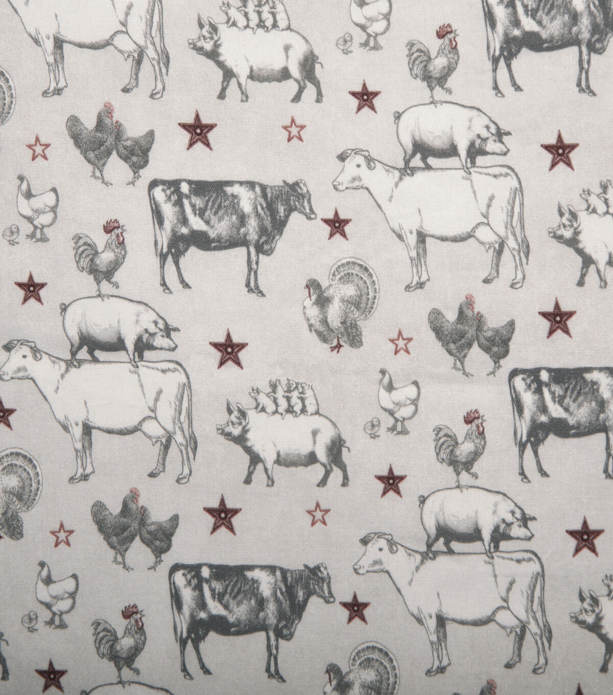 Farm Yard Family Gray Novelty Cotton Fabric