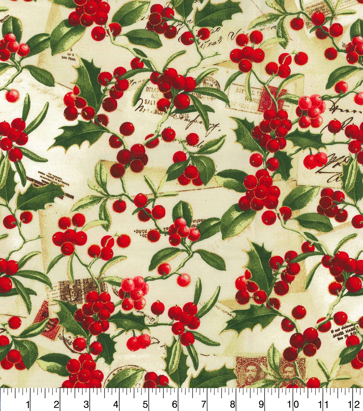 Christmas Cotton Fabric Berries & Holly with Glitter | JOANN