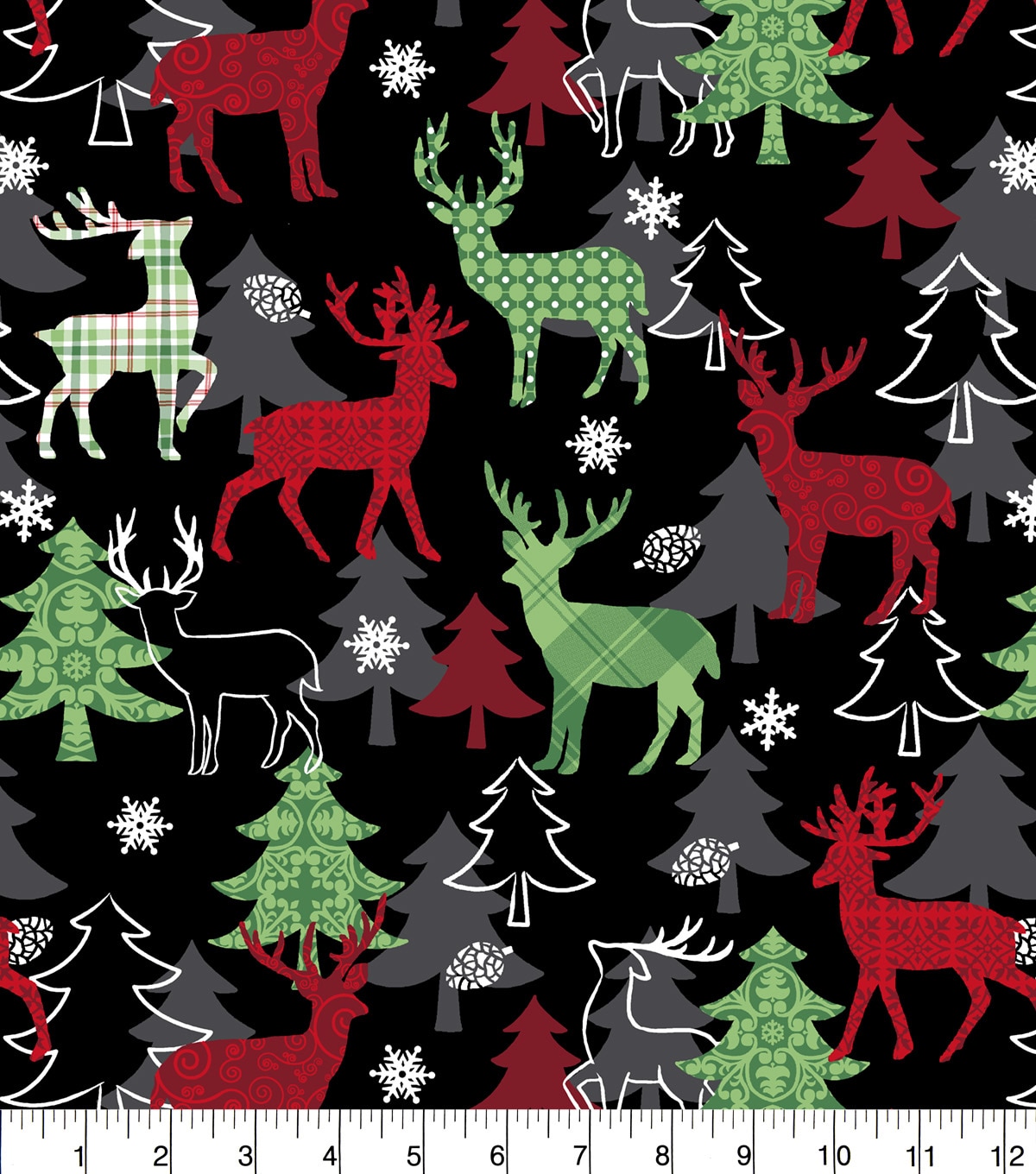 Patterned Deer on Black Christmas Cotton Fabric | JOANN