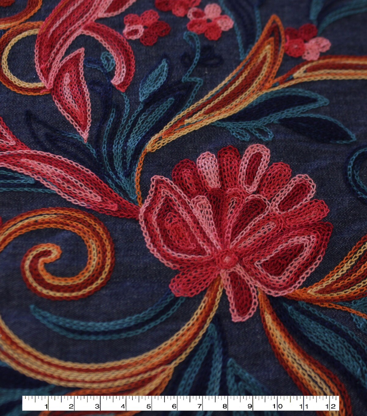 Denim Dark Wash Cotton Fabric Multi Color Border Floral Embroidery | JOANN