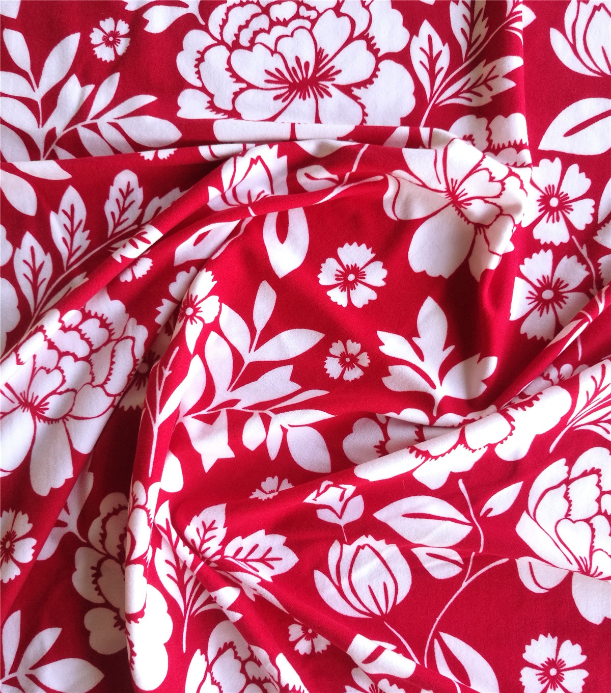 Double Brushed Poly Printed Knit Fabric Femme Floral on Red | JOANN