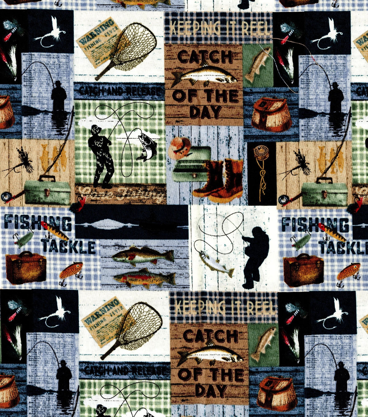 1222 Fishing Cotton Fabric by the Yard Showing Fishing Gear