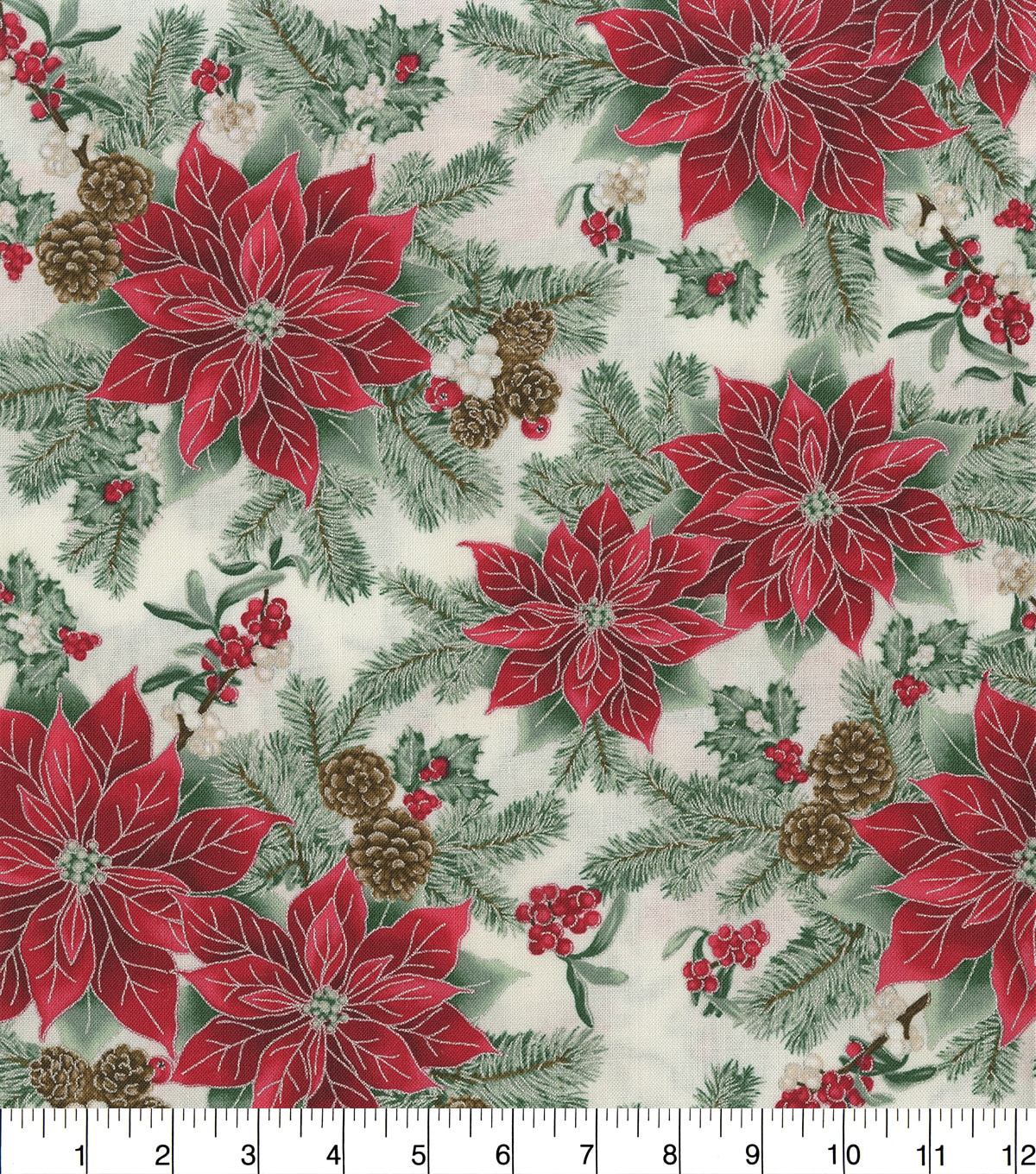 Poinsettia & Pinecones White Metallic Christmas Cotton Fabric JOANN